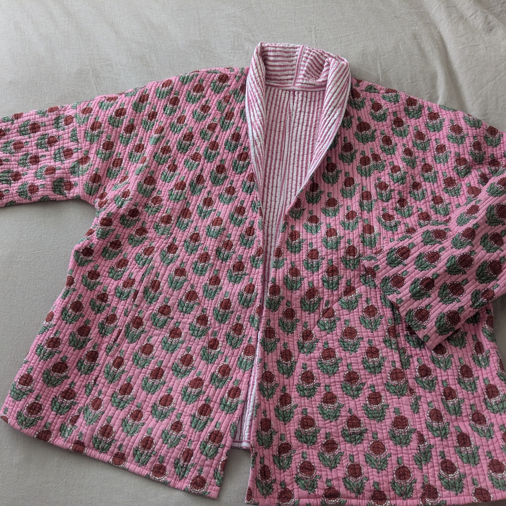 Block Print Floral Striped Reversible Quilted Kantha Jacket
